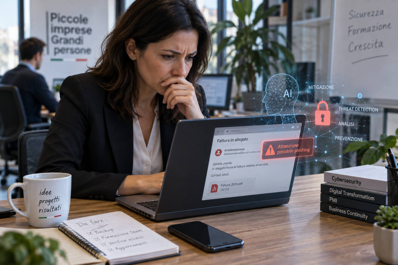 Professionista in ufficio osserva sul laptop una mail sospetta con avviso di possibile phishing