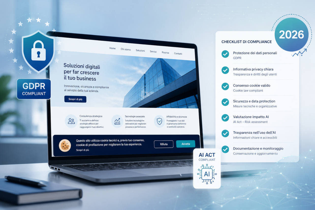 Sito web aziendale con checklist GDPR, consenso cookie e conformità AI Act 2026