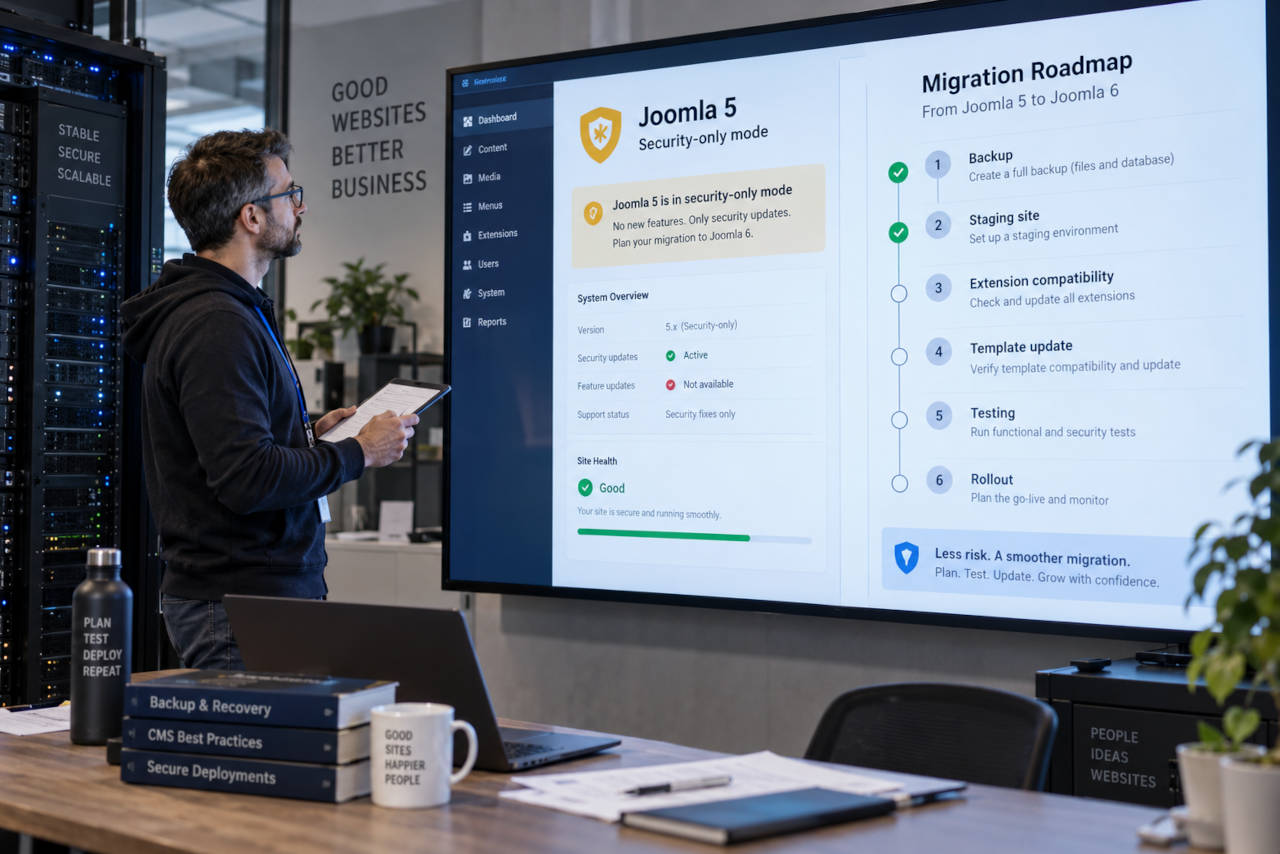 Tecnico web pianifica la migrazione da Joomla 5 a Joomla 6 verificando backup, compatibilità delle estensioni