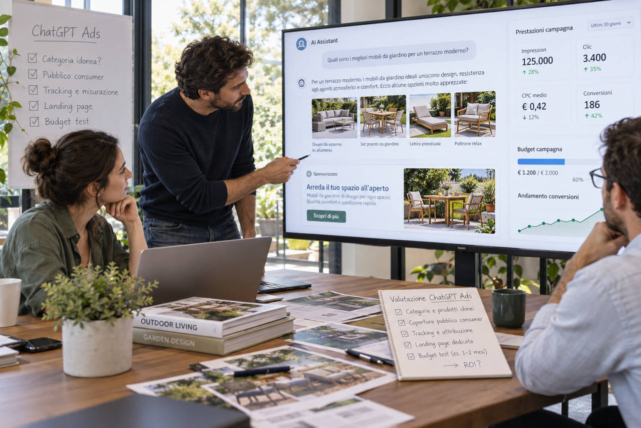 Team marketing valuta una campagna pubblicitaria su ChatGPT Ads per arredi da esterno, analizzando annuncio sponsorizzato, budget, clic e conversioni.