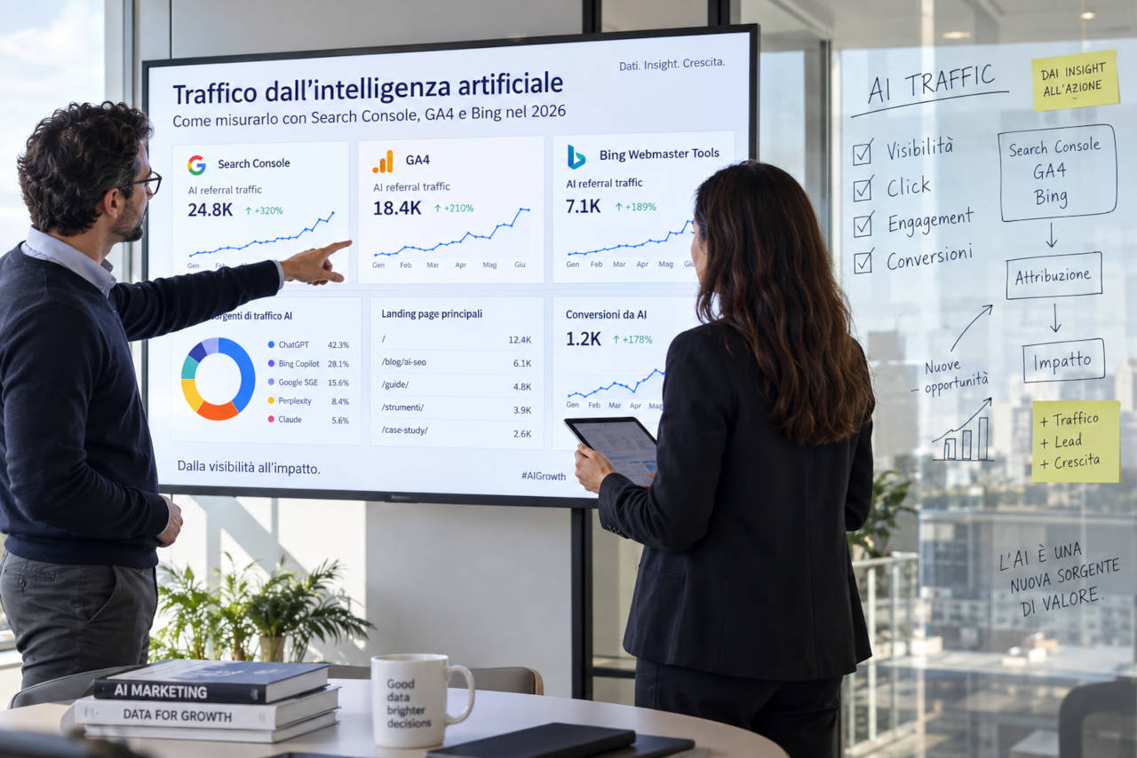Professionisti analizzano il traffico proveniente dall’intelligenza artificiale tramite Search Console, GA4 e Bing Webmaster Tools, con dati su clic, engagement e conversioni.
