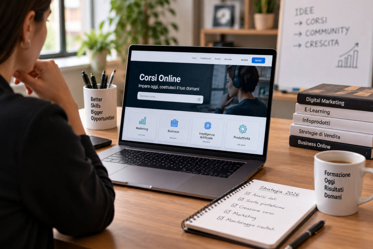 Professionista al computer mentre pianifica la vendita di corsi online e infoprodotti, con piattaforma e-learning, strategie di marketing e analisi dei dati per il 2026.