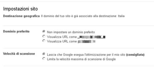 Le impostazioni sito in Google Webmaster Tools