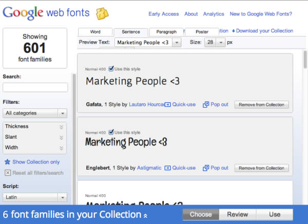 Cercare caratteri con Google Web Fonts